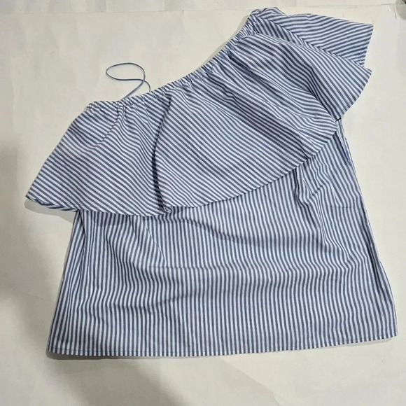 New GAP Womens One Shoulder Striped Ruffle Top Size‎ Small White Blue - Picture 2 of 9